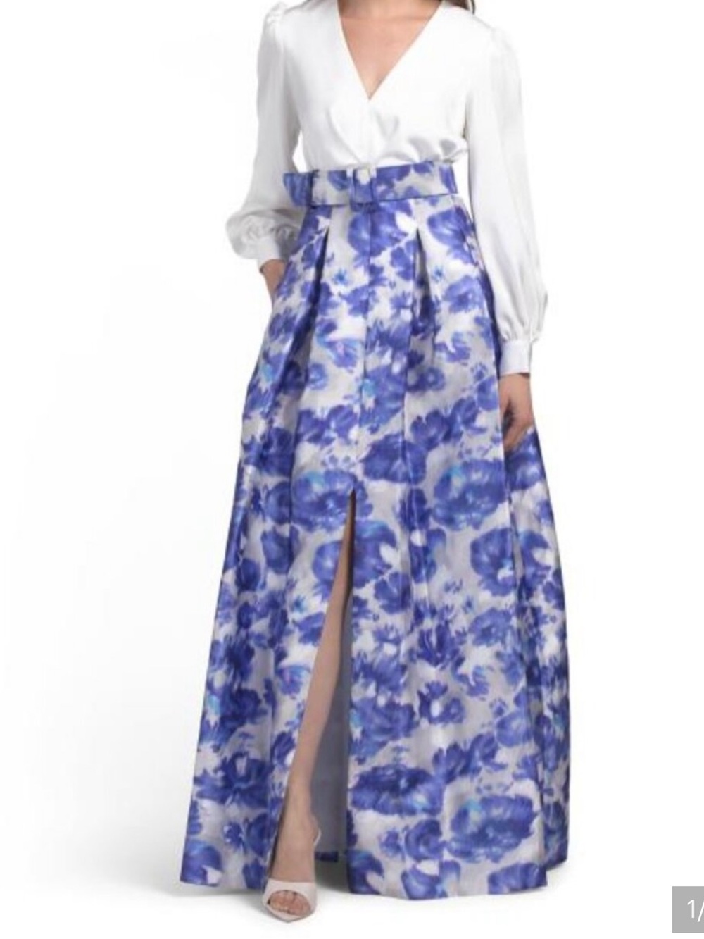 Sachin + Babi White and Blue Floral Maxi Skirt with Front Slit